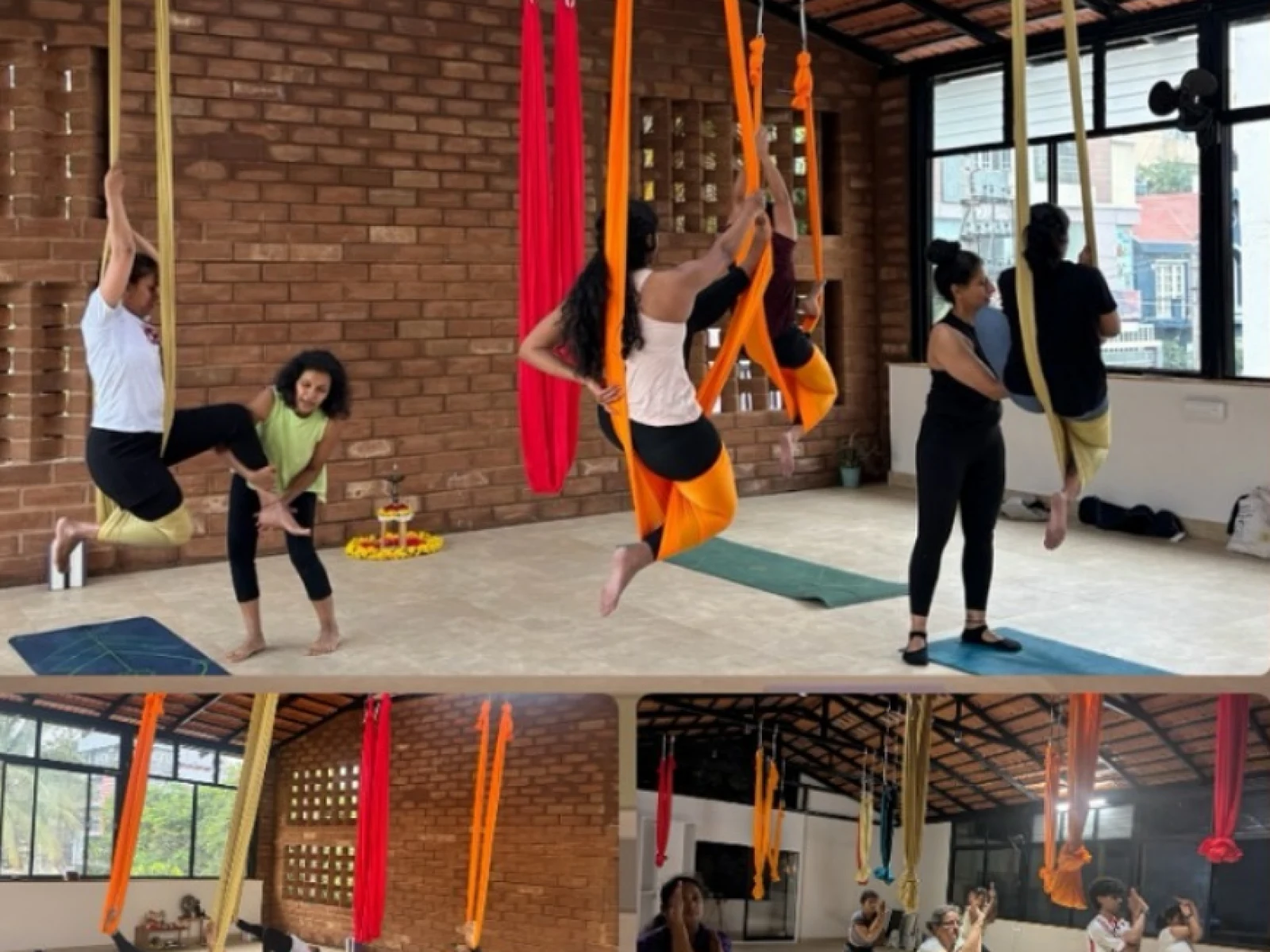 side-by-side of in-studio class and student at home on mat