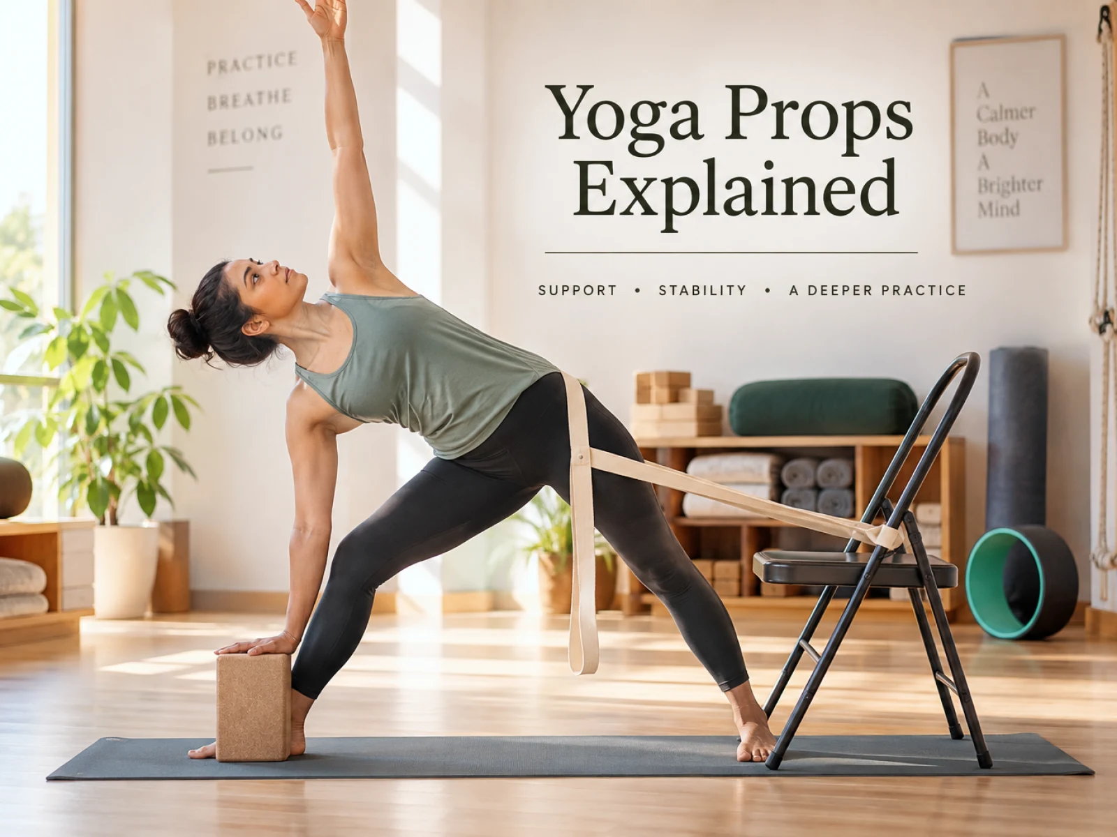 Bright yoga studio with a practitioner using a yoga block, strap and chair during a supported pose, with bolsters, blankets, a yoga wheel and wall straps visible in the background.