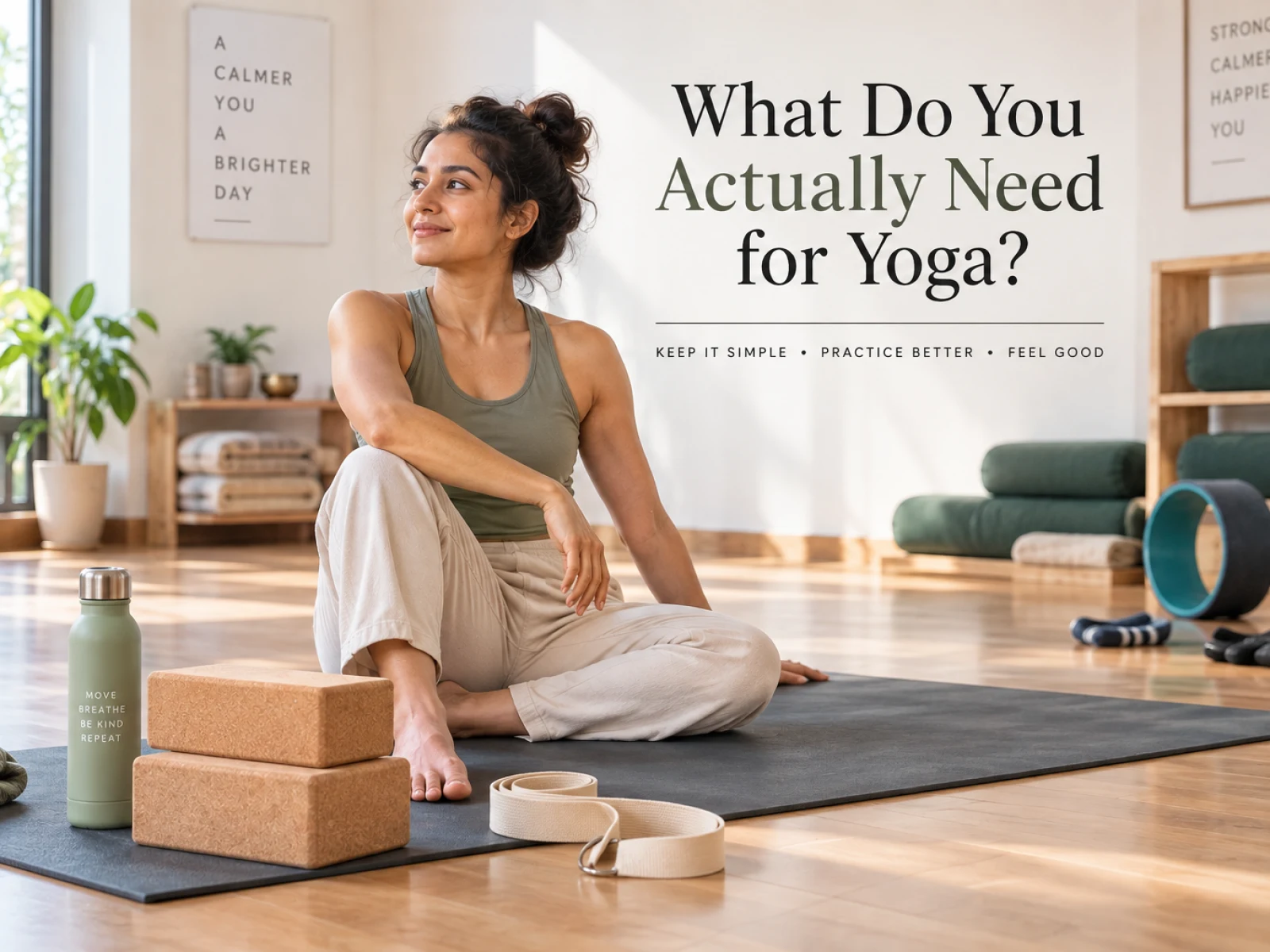 Bright yoga studio with a practitioner sitting on a mat beside two yoga blocks, a strap and water bottle, while clothing, socks and a yoga wheel are subtly visible in the background.