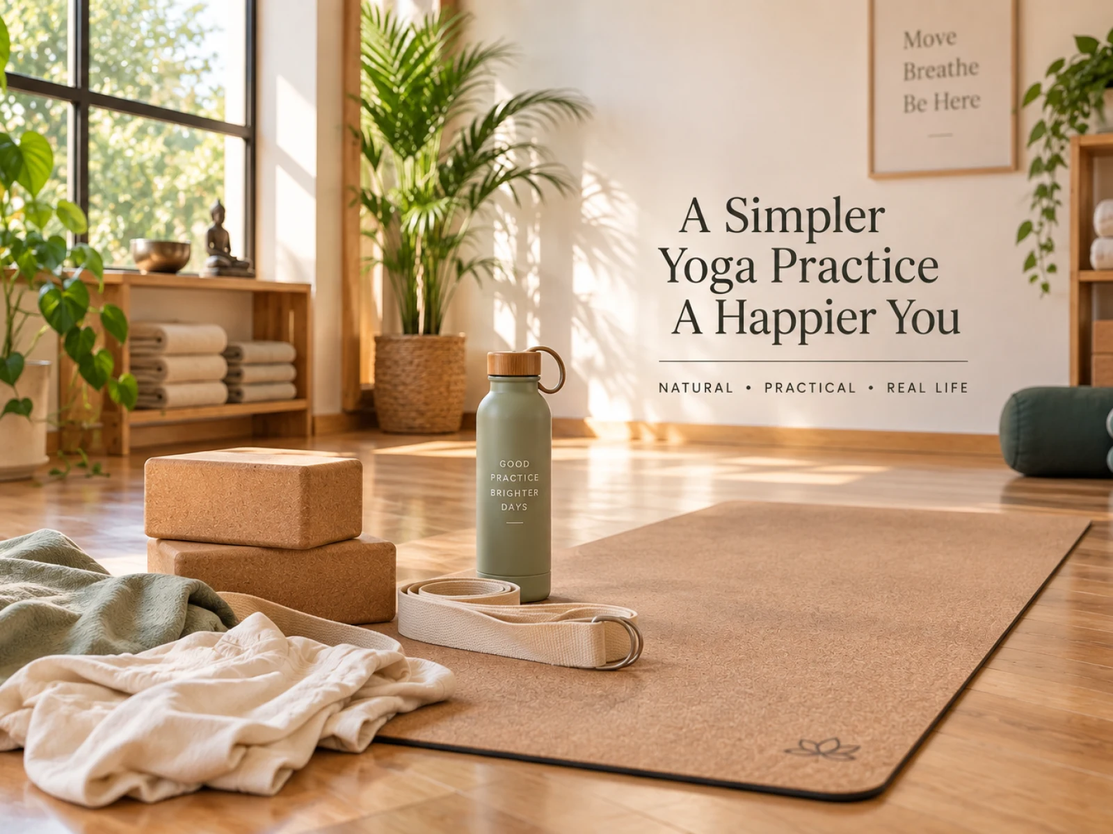 Natural yoga studio setup with a cork mat, cork blocks, cotton strap, reusable water bottle and comfortable clothing, surrounded by plants, wooden textures and warm natural light.