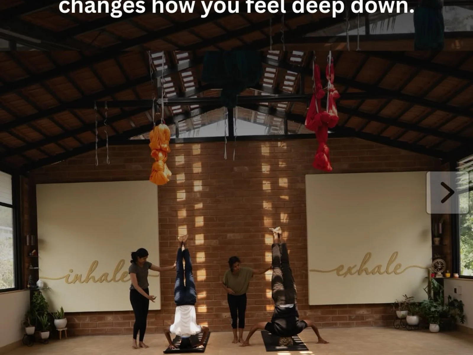 Group yoga class practicing poses together in a bright, rustic studio, with the text “A solo workout is great for clearing mind, but a group class is what actually changes how you feel deep down.”